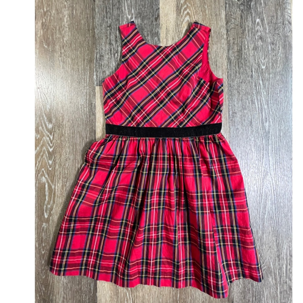 Crewcuts Plaid Dress Kids 7 Red Velvet Trim Tartan Sleeveless Holiday Zipper